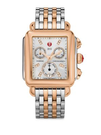 Michele Watches Deco 18 Diamond, Mother-of-pearl, 18k Rose Goldplated & Stainless Steel Bracelet Watch In Silver Rose Goldtone