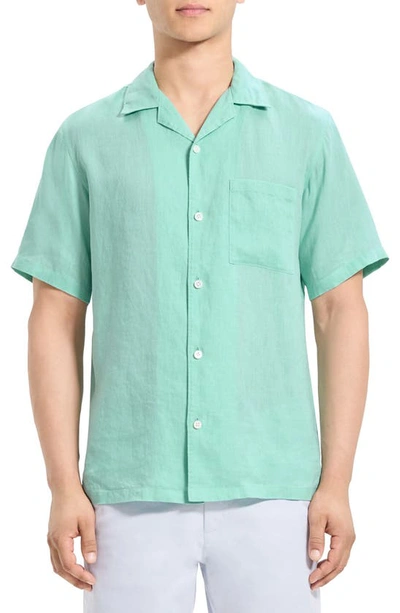 Theory Noll Linen Short Sleeve Shirt In Blue