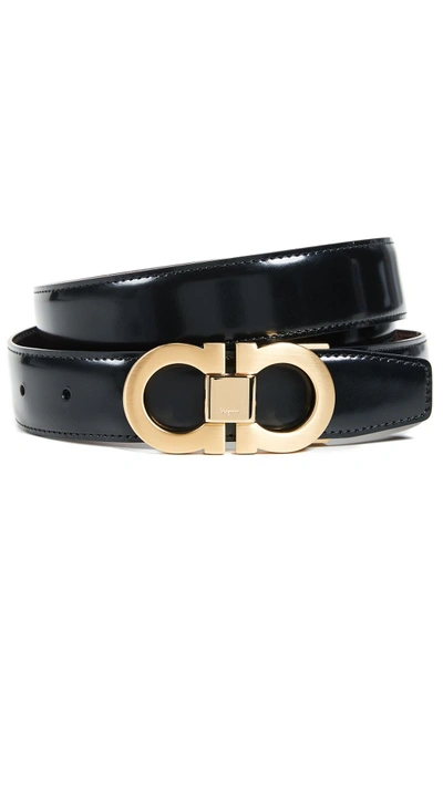 Ferragamo Double Gancini Reversible Adjustable Belt In Black/brown