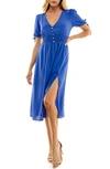 Socialite Puffy Sleeves Floral V-neck Midi Dress In Dazzling Blue