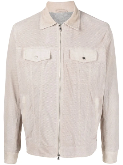 Barba Zip-up Leather Shirt Jacket In Neutrals
