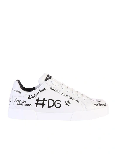 Dolce & Gabbana Printed Leather Sneakers In White