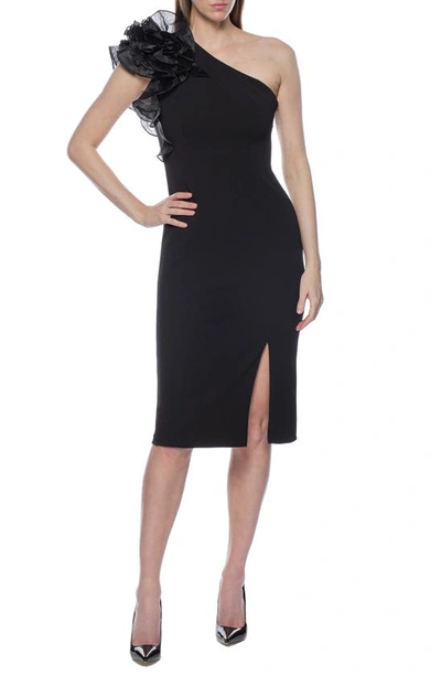 Marina Ruffle One-shoulder Crepe Cocktail Dress In Black