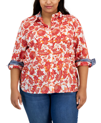 Tommy Hilfiger Plus Size Cotton Floral Roll Tab Button Down Shirt In Samba Multi