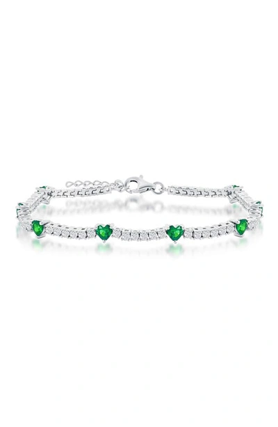 Simona Sterling Silver Cz Heart Tennis Bracelet In Emerald