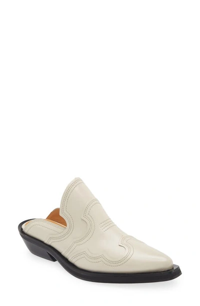 Ganni White Embroidered Western Mules In Egret