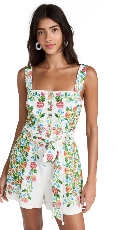 Farm Rio Tropical Romance Tie-belt Romper In Off White