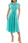 Nina Leonard Swiss Dot Cap Sleeve Midi Shirtdress In Robins Egg Multi