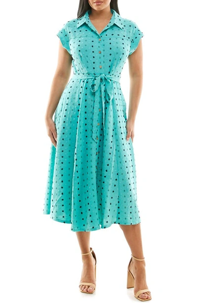 Nina Leonard Swiss Dot Cap Sleeve Midi Shirtdress In Robins Egg Multi