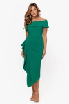 Betsy & Adam Crop Off The Shoulder Cuff Side Ruched Midi Dress In Green