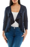 Nina Leonard Eyelet Ruffle Cardigan In Navy