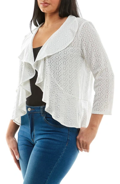 Nina Leonard Eyelet Ruffle Cardigan In White