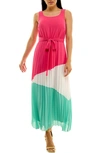 Nina Leonard Colorblock Pleated Chiffon Maxi Dress In Pink Multi