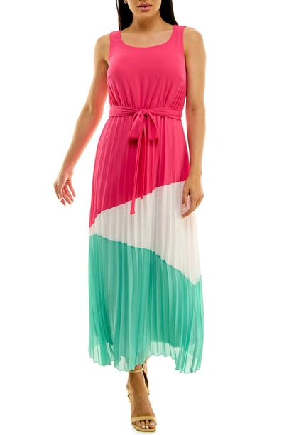 Nina Leonard Colorblock Pleated Chiffon Maxi Dress In Pink Multi