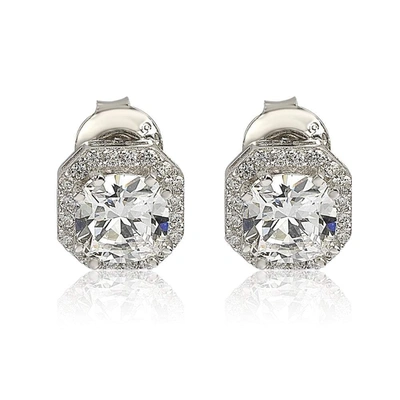 Suzy Levian Sterling Silver White Cubic Zirconia Cushion-cut Halo Stud Earrings