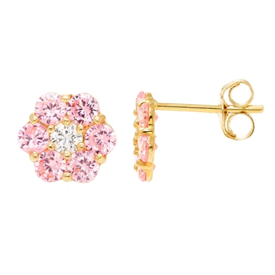 Ballstudz 14k Yellow Gold 7mm Cz Flower Stud Earrings, With Pushback, Women's, Unisex In Pink
