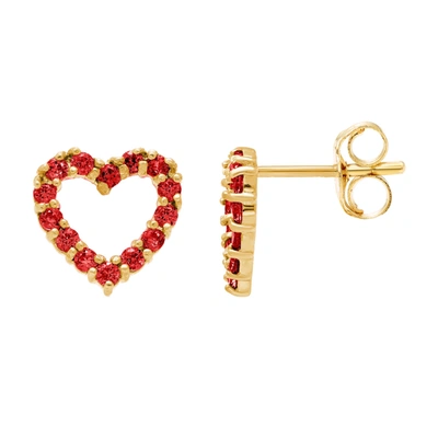 Ballstudz 14k Yellow Gold 8mm Cz Open Heart Stud Earrings, With Pushback, Women's, Unisex In Red