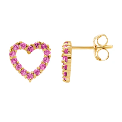 Ballstudz 14k Yellow Gold 8mm Cz Open Heart Stud Earrings, With Pushback, Women's, Unisex In Pink