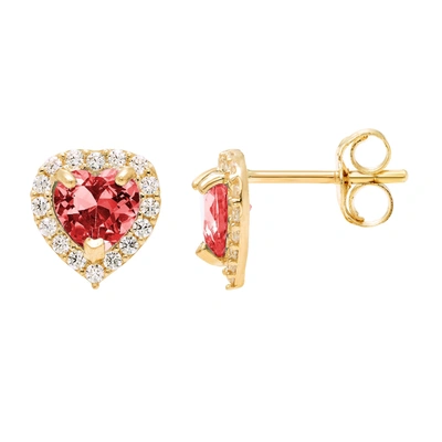 Ballstudz 14k Yellow Gold 7mm Cz Halo Heart Stud Earrings, With Pushback, Women's, Unisex In Red