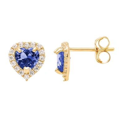 Ballstudz 14k Yellow Gold 7mm Cz Halo Heart Stud Earrings, With Pushback, Women's, Unisex In Blue