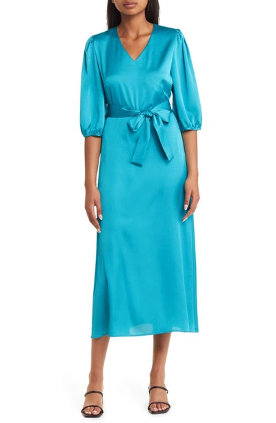 Misook Woven Tie-waist Blouson-sleeve Midi Dress In French Blue