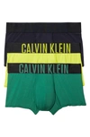 Calvin Klein Assorted 3-pack Intense Power Micro Low Rise Trunks In Black W/ Foliage Green, Night Sky, Kewl Lime Logo