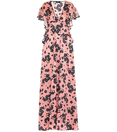 Rochas Floral-print Ruffle-sleeved Silk Dress In Pink/nero