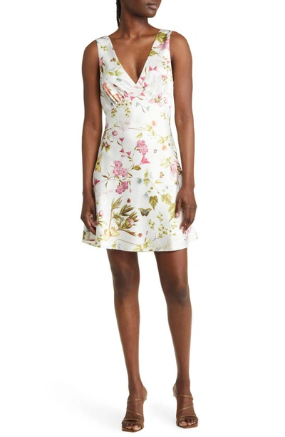 Floret Studios Floral Empire Waist Satin Minidress In Ivory Butterfly Floral