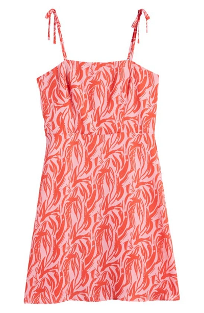 Walking On Sunshine Kids' Tie Strap Fit & Flare Dress In Pink/ Red Brushed Lines