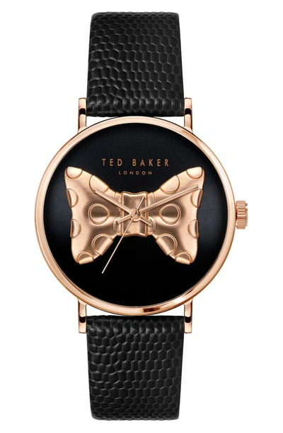 Ted Baker Phylipa Bow Leather Strap Watch, 37mm In Black/ Rose Goldone