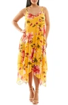 Nina Leonard Patterned Handkerchief Hem Dress In Yellow Multi