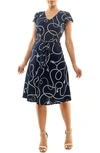 Nina Leonard Patterned Cap Sleeve Fit & Flare Dress In Navy/ White