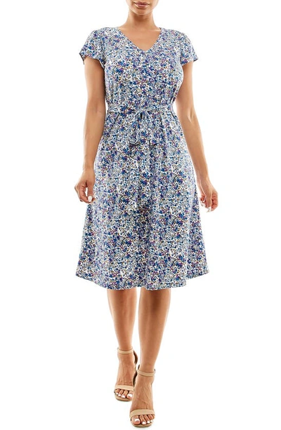 Nina Leonard Patterned Cap Sleeve Fit & Flare Dress In Blue Multi