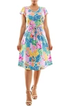 Nina Leonard Patterned Cap Sleeve Fit & Flare Dress In Rift Multi