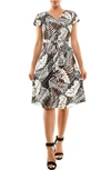 Nina Leonard Patterned Cap Sleeve Fit & Flare Dress In Neutral Multi