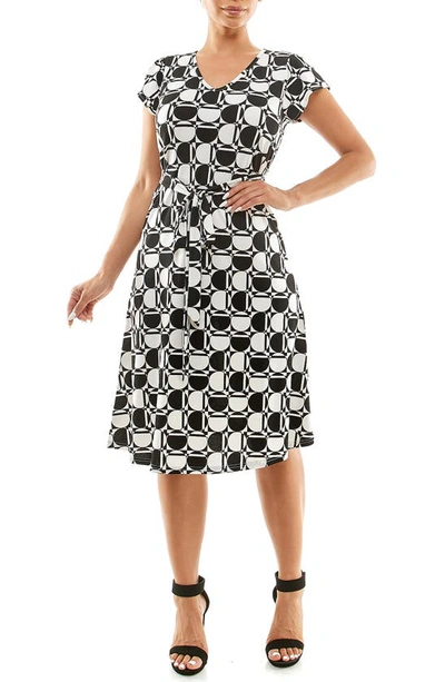 Nina Leonard Patterned Cap Sleeve Fit & Flare Dress In Black/ Ivory Multi