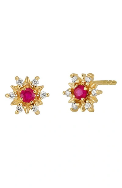 Bony Levy 18k Yellow Gold Diamond & Ruby Flower Stud Earrings