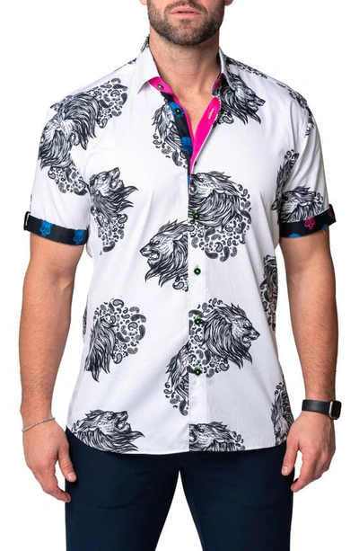 Maceoo Galileo Lionpaisley White Stretch Short Sleeve Button-up Shirt