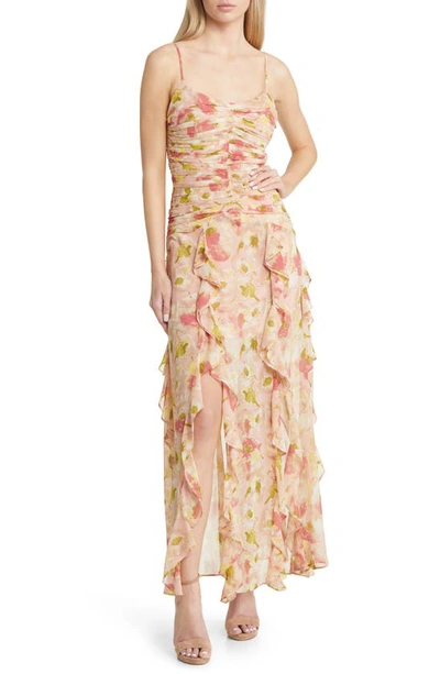 Floret Studios Floral Ruched Bodice Cascading Ruffle Maxi Dress In Peach Floral