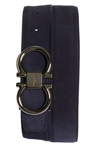 Ferragamo Double Gancio Suede Belt In Navy