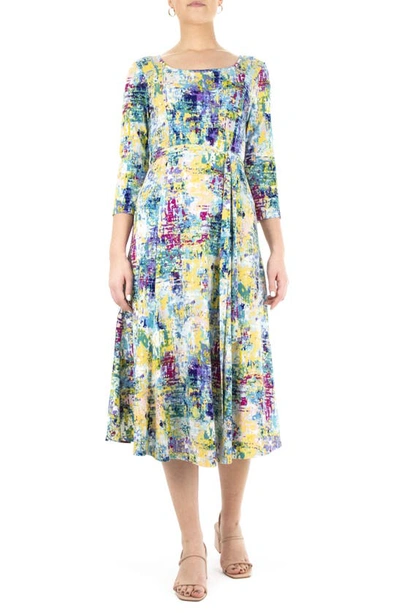 Nina Leonard Scoop Neck Jersey Midi Dress In Blue Multi