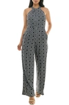 Nina Leonard Twisted Halter Neck Jumpsuit In Black/ White