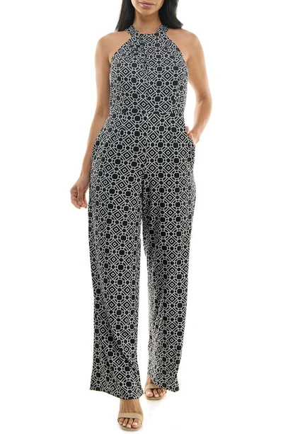 Nina Leonard Twisted Halter Neck Jumpsuit In Black/ White