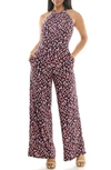 Nina Leonard Twisted Halter Neck Jumpsuit In Navy/ Red Multi