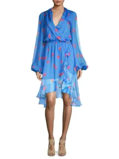 Caroline Constas Olivia Floral-print Silk Ruffle Open-back Dress In Blue