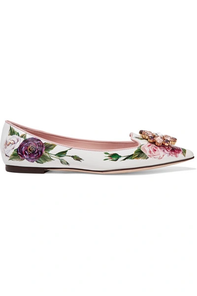 Dolce & Gabbana Embellished Floral-print Patent-leather Point-toe Flats In Cream