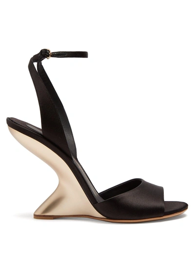 Ferragamo Arsina Sculptural-heel Satin Wedge Sandals In Black