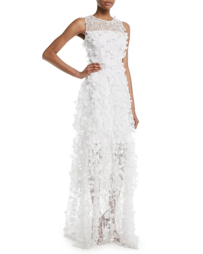 Milly Siena Sleeveless 3d Embroidered Tulle Gown
