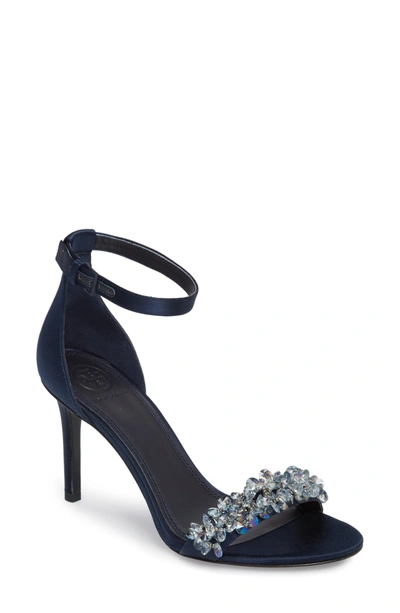 Tory Burch Logan Crystal Embellished Sandal In Gray/ Perfect Navy
