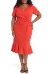 London Times V-neck Twist Midi Dress In Scarlet Red